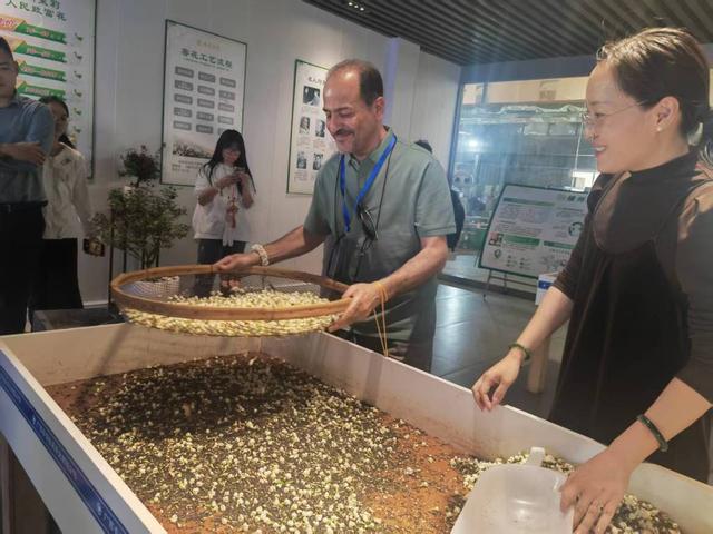 唐萍（右）指导参访团成员体验筛花 澎湃新闻记者 谭君 图