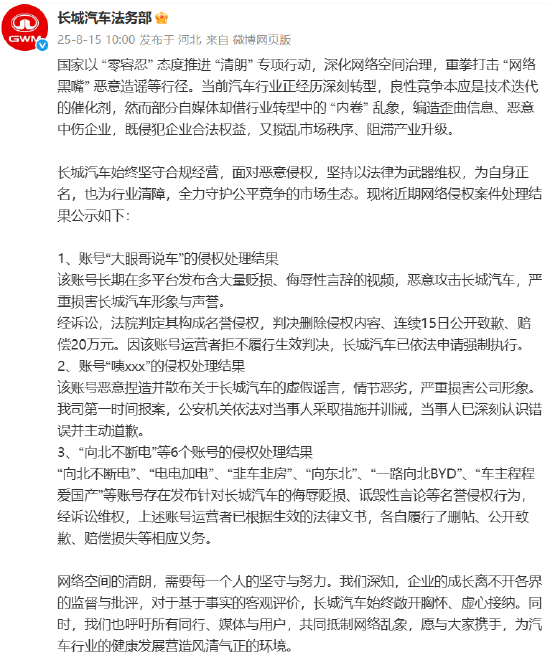 长城汽车法务部公示网络侵权案处理结果，涉及“大眼哥说车”等6个账号_长城汽车法务部公示网络侵权案处理结果，涉及“大眼哥说车”等6个账号_